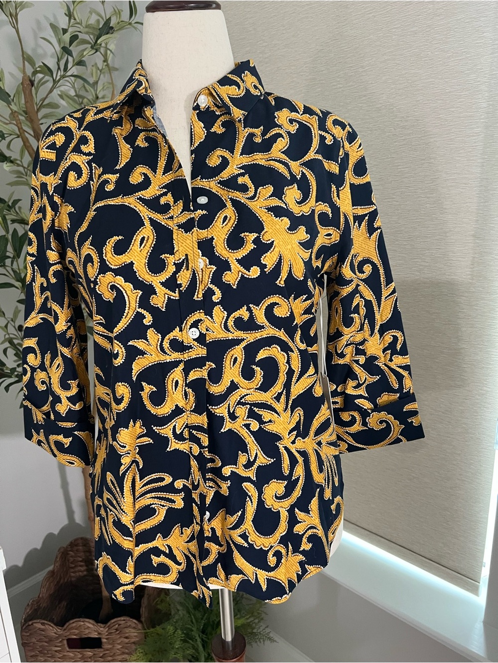 Chico's Navy Button-Down Shirt with Bold Yellow Scroll Print